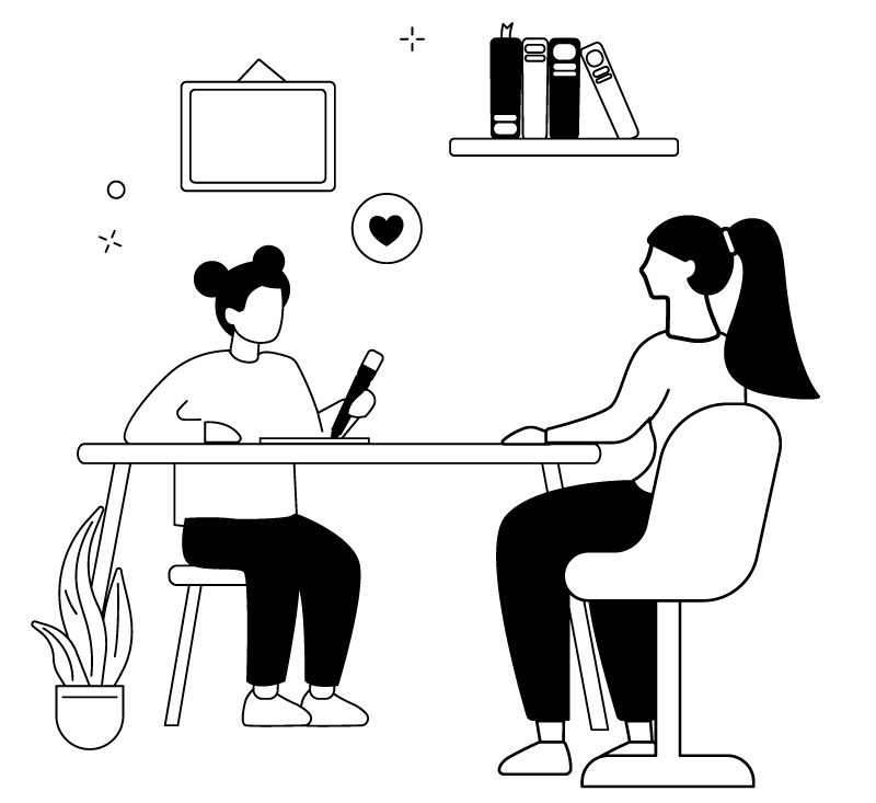 illustration line art of two people seated at a desk one of which is working on completing an evaluation