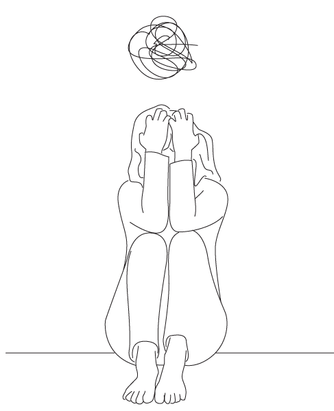 line art illustration of young person holding their head in their hands with a tangled cloud above their head
